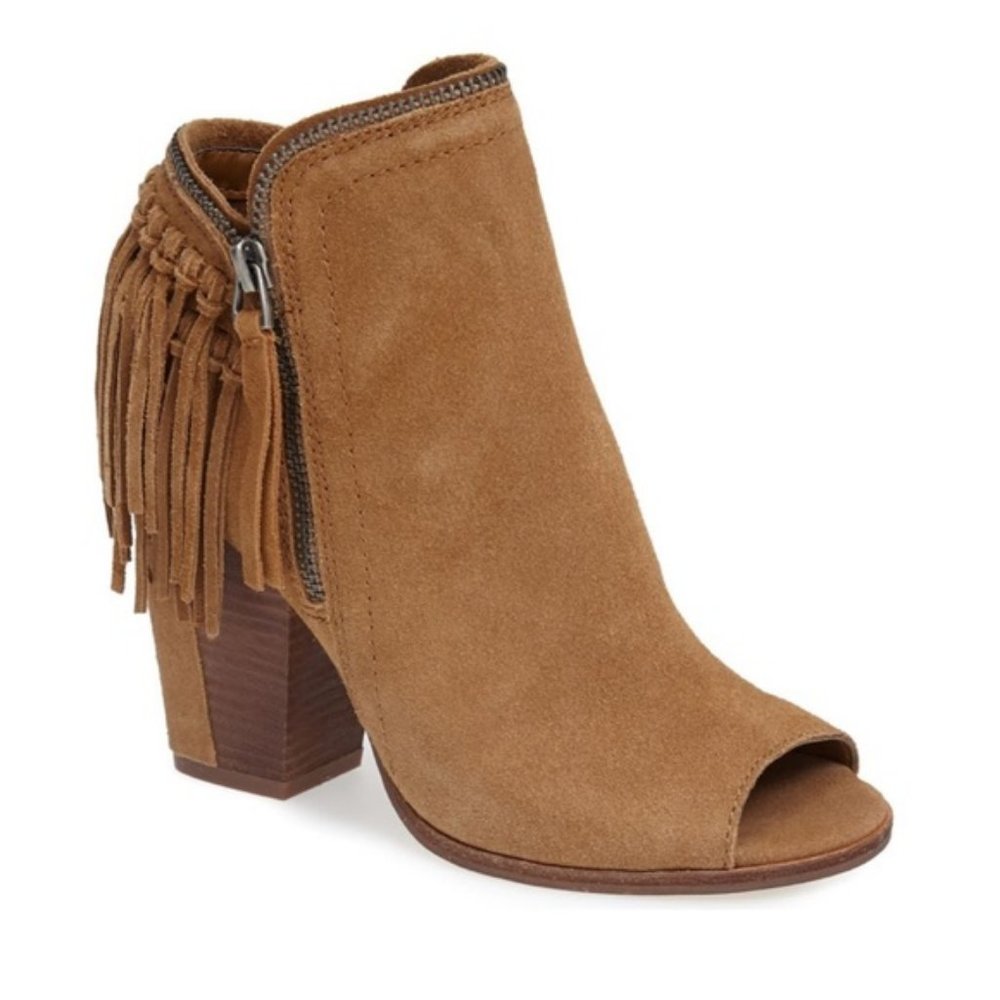 DOLCE VITA Promise Fringe Suede Leather Peep Toe Tan Brown Boho Booties 7.5